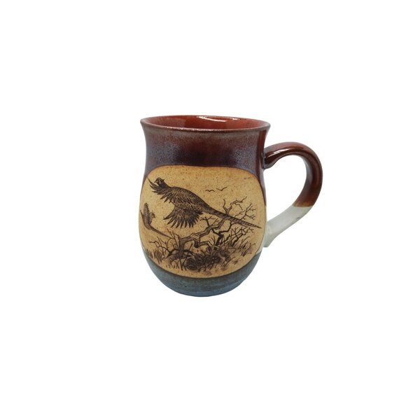Vintage Handcrafted Ceramic Mug With Bird Design - Rustic Red & Blue Tones - Uni - Picture 1 of 5